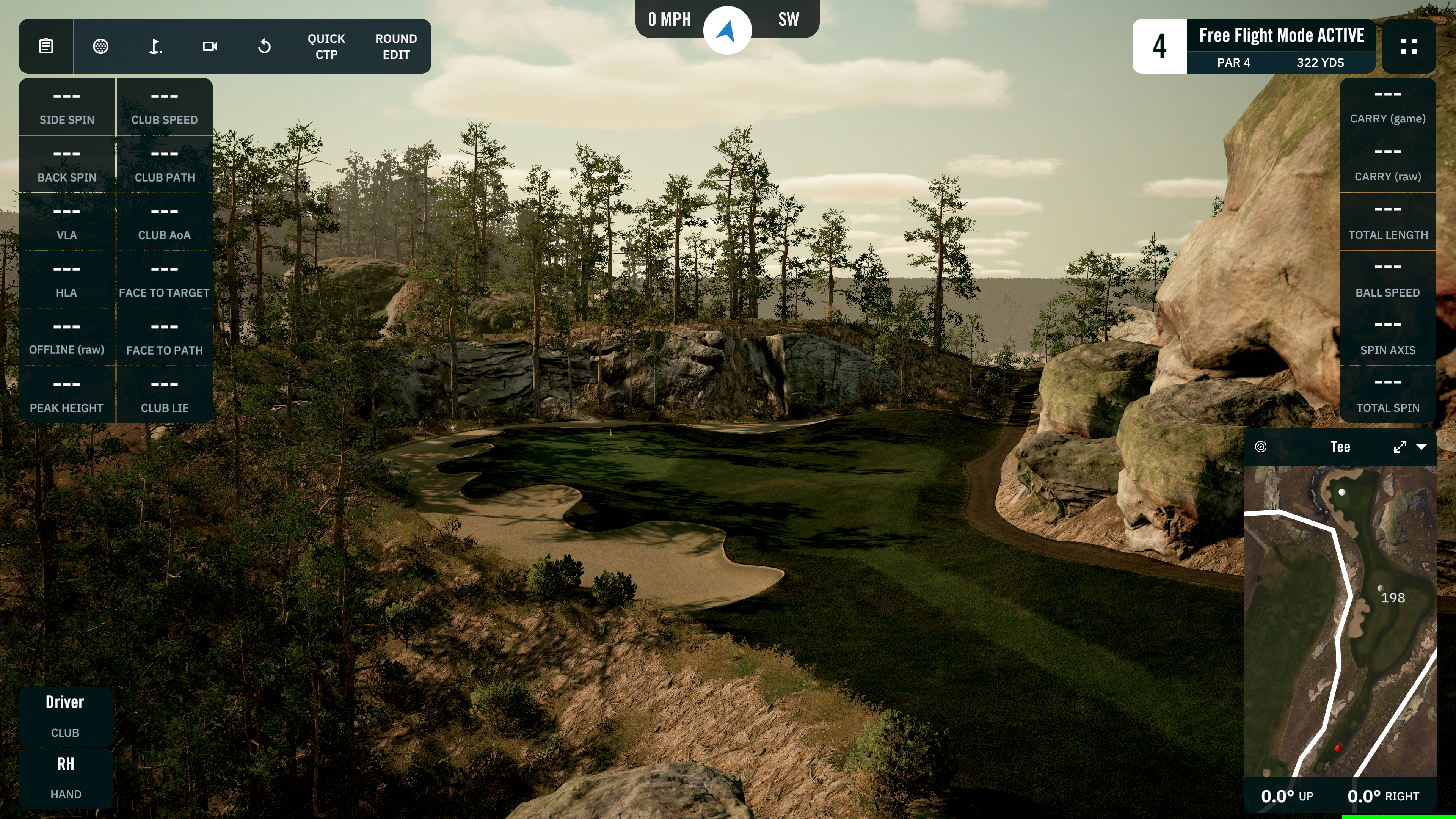 GSPro golf simulator software showing a course hole with ball and club data panels
