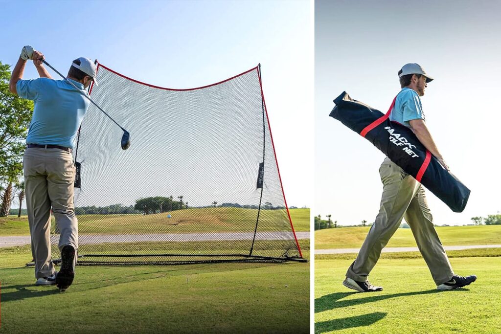 Golfer hitting into a Rukket golf practice net outdoors