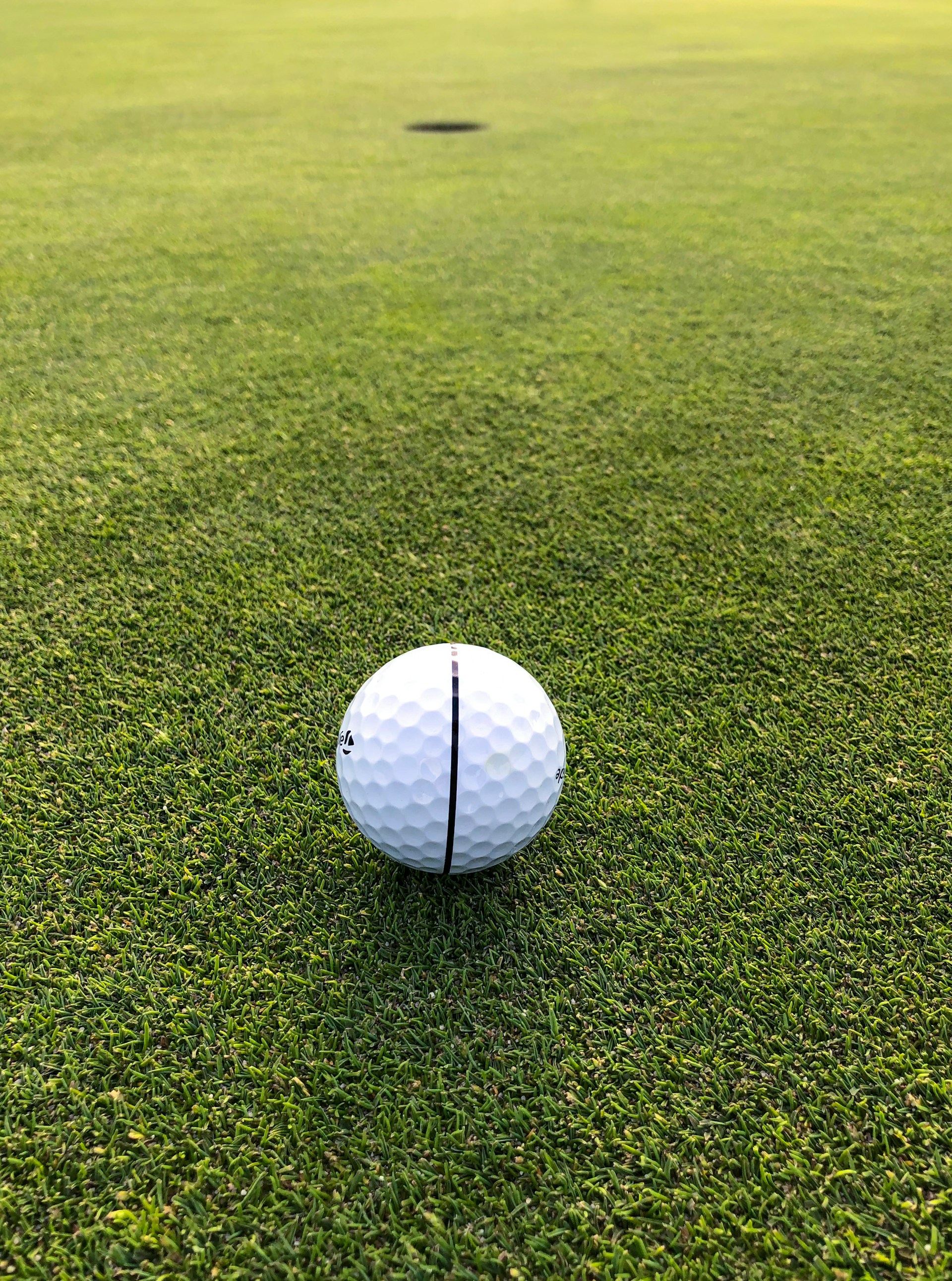 Golf ball on putting green with hole visible in background
