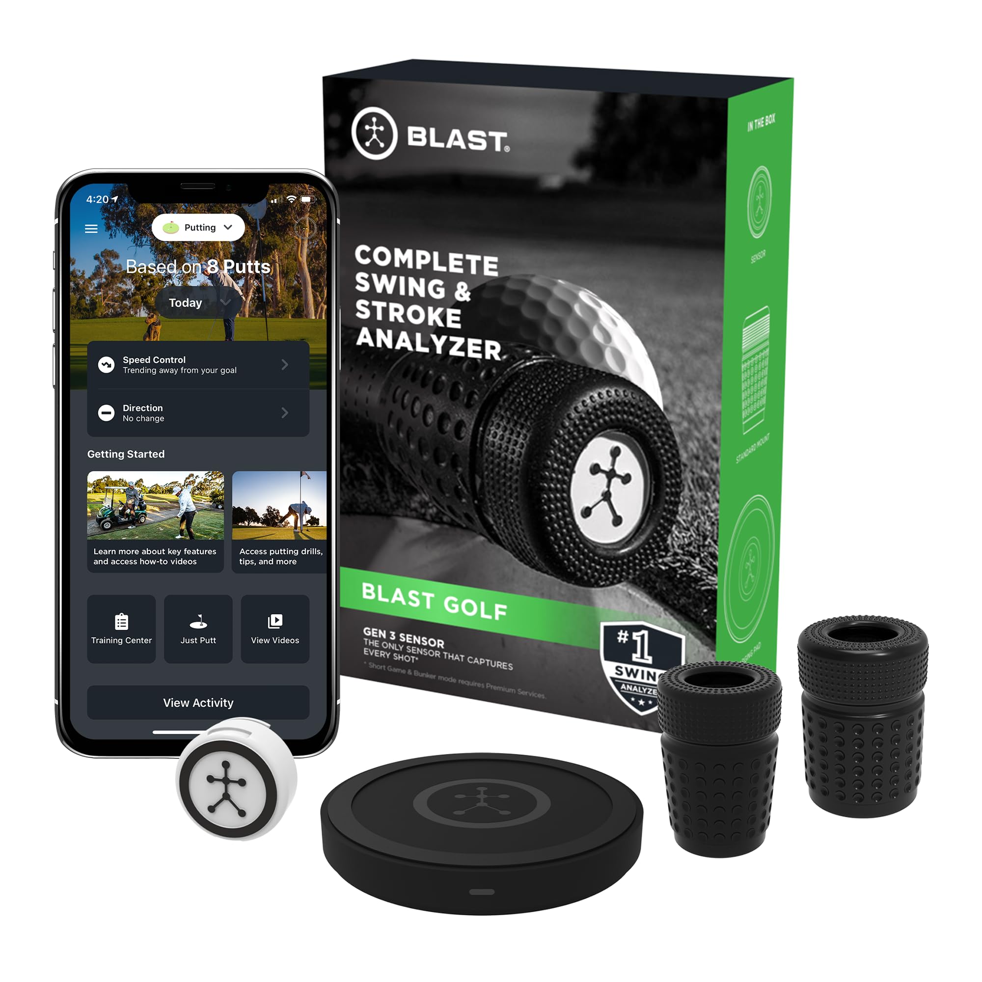 Blast Motion Golf sensor attached to the butt end of a club grip